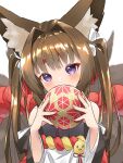  1girl amagi-chan_(azur_lane) animal_ears azur_lane ball bangs blunt_bangs blurry brown_hair commentary covering_mouth depth_of_field eyebrows_visible_through_hair eyeshadow fox_ears fox_girl fox_tail hair_ribbon head_tilt highres holding holding_ball kyuubi long_hair looking_at_viewer makeup manjuu_(azur_lane) marimo_daifuku multiple_tails off-shoulder_kimono purple_eyes ribbon rope shimenawa sidelocks simple_background solo tail thick_eyebrows twintails white_background wide_sleeves 