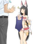  1girl alternate_costume animal_ears azur_lane bangs belt bikini black_hair blunt_bangs clothes_hanger collarbone commander_(azur_lane) commentary eyebrows_visible_through_hair fox_ears frilled_swimsuit frills grey_pants holding long_hair looking_at_another looking_at_viewer looking_up marimo_daifuku midriff nagato_(azur_lane) navel old_school_swimsuit out_of_frame pants polka_dot polka_dot_bikini school_swimsuit shirt sidelocks simple_background size_difference solo sparkle sweatdrop swimsuit v-shaped_eyebrows white_background white_shirt yellow_eyes 