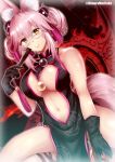  1girl absurdres animal_ears bangs black_gloves blunt_bangs breasts chinese_clothes cleavage commentary_request double_bun eyebrows_visible_through_hair eyes_visible_through_hair fate/grand_order fate_(series) folding_fan fox_ears fox_girl fox_tail glasses gloves hair_ornament hand_fan highres himura_moritaka holding holding_fan koyanskaya_(fate) long_hair looking_at_viewer multicolored_hair navel sidelocks silver_hair smile solo squatting streaked_hair tail tamamo_(fate) thighs yellow_eyes 