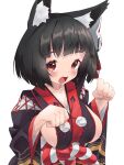  1girl :d animal_ears azur_lane bangs black_hair blunt_bangs blush breasts cat_ears cat_mask cleavage collarbone commentary_request eyebrows_visible_through_hair highres japanese_clothes long_sleeves marimo_daifuku mask mask_on_head open_mouth paw_pose red_eyes rope shimenawa short_hair sideboob sidelocks simple_background smile white_background wide_sleeves yamashiro_(azur_lane) 
