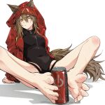  1girl animal_ears arknights arm_support bangs bare_legs barefoot black_swimsuit breasts brown_hair can chinese_commentary commentary_request covered_navel ears_through_headwear eyebrows_visible_through_hair feet foot_focus hair_between_eyes hao_guangze_yu highres hood hood_up hooded_jacket jacket long_sleeves looking_at_viewer medium_breasts official_alternate_costume one-piece_swimsuit orange_eyes parted_lips projekt_red_(arknights) projekt_red_(light_breeze)_(arknights) raised_eyebrow red_jacket simple_background soda_can solo swimsuit tail toes wet white_background wolf_ears wolf_girl wolf_tail zipper 