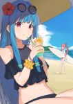  2girls absurdres bangs beach bikini blue_hair blunt_bangs cloud commentary day drink drinking_straw eyewear_on_head flower food frilled_bikini frills fruit glass hair_ornament hair_scrunchie hibiscus highres holding holding_drink holding_drinking_straw holding_surfboard kotonoha_akane kotonoha_aoi light_smile long_hair looking_at_viewer minatsuki_(m1natsuk1) multiple_girls navel ocean orange_(food) orange_slice outdoors parasol pink_hair ponytail red_eyes red_flower scrunchie shirt siblings sidelocks sisters sitting sunglasses surfboard swimsuit tropical_drink umbrella very_long_hair voiceroid white_shirt wrist_scrunchie 