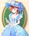  1girl alternate_costume blue_dress blue_headwear brown_eyes brown_hair dress hat hat_ornament hat_ribbon highres looking_at_viewer mary_hunt otome_game_no_hametsu_flag_shika_nai_akuyaku_reijou_ni_tensei_shite_shimatta ribbon short_sleeves simple_background smile solo standing yawaraka_oniku 