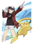  1girl 2others absurdres artist_name baseball_cap brown_hair english_commentary gen_1_pokemon green_eyes grey_shorts hat highres jacket legendary_pokemon medium_hair multiple_others pikachu pointing pointing_forward pokemon pokemon_(creature) pokemon_(game) pokemon_unite red_jacket shorts solo_focus tostantan when_you_see_it white_headwear zapdos 