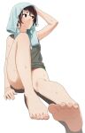  1girl arm_up bare_arms bare_legs bare_shoulders barefoot black_tank_top brown_eyes brown_hair feet full_body knee_up legs looking_away mattaku_mousuke original parted_lips shadow sitting soles solo tank_top toes towel towel_on_head wet white_background 