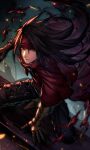  1boy black_hair cloak embers final_fantasy final_fantasy_vii gauntlets gloves headband highres holster long_hair looking_at_viewer pointed_footwear red_eyes tomatsukaze torn_clothes vincent_valentine 