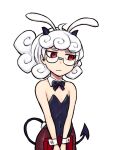 1girl :&lt; ahoge alternate_costume animal_ears bangs bare_shoulders black_horns bow bowtie commentary_request covered_navel demon_horns demon_tail detached_collar flat_chest glasses helltaker holding horns leotard long_hair looking_to_the_side pandemonica_(helltaker) pantyhose playboy_bunny red_eyes red_legwear sideways_glance simple_background solo strapless strapless_leotard tail tsukudani_(coke-buta) v_arms white_background white_hair wrist_cuffs 