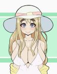  1girl blonde_hair blue_eyes blush breasts cleavage closed_mouth collarbone dress eyebrows_visible_through_hair green_background hat jewelry k-on! kotobuki_tsumugi large_breasts lips long_hair looking_at_viewer necklace smile solo sweat thick_eyebrows upper_body white_dress white_headwear young_savage 