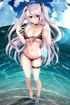  1girl anchor_symbol azur_lane bangs bare_shoulders beach bikini black_bikini blue_sky breasts choker cleavage cloud cloudy_sky collarbone commentary_request eyebrows_visible_through_hair fisheye hair_between_eyes helvetica_std highres horizon in_water large_breasts long_hair looking_at_viewer midriff multicolored_hair navel ocean official_alternate_costume parted_lips prinz_eugen_(azur_lane) prinz_eugen_(unfading_smile)_(azur_lane) side-tie_bikini sidelocks silver_hair sky solo spaghetti_strap streaked_hair swimsuit two-tone_hair two_side_up 