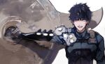  1boy alternate_costume angry armor artist_request bangs black_armor black_gloves black_hair blood blood_from_mouth blood_on_face blue_eyes commentary_request fate/grand_order fate_(series) fujimaru_ritsuka_(male) gauntlets gloves hair_between_eyes highres holding holding_shield holding_weapon long_sleeves looking_at_viewer male_focus official_alternate_costume open_mouth red_pupils shield short_hair shoulder_armor solo teeth upper_body weapon white_background 