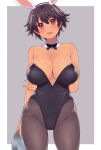  1girl amane_hasuhito animal_ears bare_shoulders black_bow black_bowtie black_hair black_legwear bow bowtie breasts cleavage commentary_request dark-skinned_female dark_skin detached_collar eyebrows_visible_through_hair fake_animal_ears fingernails highres large_breasts looking_at_viewer original pantyhose playboy_bunny rabbit_ears red_eyes short_hair solo 