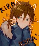  1boy :t absurdres blue_jacket brown_hair chinese_commentary closed_mouth eyebrows_behind_hair fur-trimmed_jacket fur_trim green_eyes hands_on_own_cheeks hands_on_own_face highres isoi_reiji jacket long_sleeves orange_background saibou_shinkyoku solo sparkle yikousuuu 