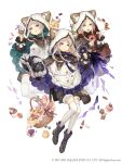  3girls :d basket blonde_hair book cake candy cracker cupcake doughnut eyebrows_visible_through_hair food frills full_body hood hood_up ji_no licking_lips long_hair looking_at_viewer macaron multiple_girls official_art open_mouth poncho purple_eyes shorts sinoalice smile square_enix thighhighs three_little_pigs_(sinoalice) tongue tongue_out upper_teeth white_background 