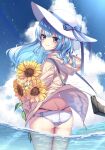  1girl alternate_costume alternate_hairstyle ass bikini bikini_bottom blue_eyes blue_hair blue_sky blush butt_crack closed_mouth cowboy_shot day flower from_behind hair_down hat highres hololive hood hood_down hooded_jacket hoshimachi_suisei jacket kashiba_aira long_hair looking_at_viewer multi-strapped_bikini ocean sky smile solo star_(symbol) star_in_eye summer sun_hat sunflower swimsuit symbol_in_eye virtual_youtuber wading white_bikini white_jacket 