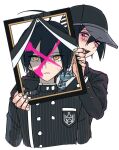  2boys ahoge bangs black_hair black_headwear black_jacket blood blush breast_pocket brown_eyes buttons collared_shirt cropped_torso cross danganronpa_(series) danganronpa_v3:_killing_harmony dual_persona foreshortening hair_between_eyes holding iei jacket laaaicha looking_at_viewer male_focus multiple_boys necktie pink_blood pink_eyes pocket saihara_shuuichi shirt short_hair simple_background striped striped_jacket striped_neckwear upper_body white_background 