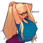  1girl adjusting_hair artist_name ass black-framed_eyewear blonde_hair blue_eyes blue_shirt breasts covered_nipples eyelashes forehead hair_tie_in_mouth high-waist_pants highres large_breasts lips long_hair looking_at_viewer mouth_hold original pants ponytail purple_pants shirt shirt_overhang solo suda_(zillionaire) t-shirt very_long_hair white_background zillionaire 