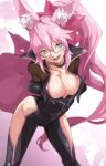  1girl absurdres animal_ear_fluff animal_ears bangs black_bodysuit blush bodysuit bow breasts center_opening cleavage collarbone fate/grand_order fate_(series) fox_ears fox_girl fox_tail glasses hair_between_eyes hair_bow highres hip_vent koyanskaya_(fate) large_breasts long_hair looking_at_viewer pink_bow pink_hair ponytail pretty-purin720 sidelocks smile solo tail tamamo_(fate) thighs yellow_eyes 