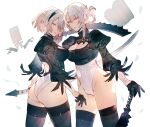  2girls ass asymmetrical_bangs bangs black_dress braid breasts cleavage cleavage_cutout clothing_cutout cosplay crossover dress dual_wielding flower futanari gloves grey_eyes hair_flower hair_ornament hairband highres holding holding_sword holding_weapon kaine_(nier) leotard looking_at_viewer mayutsuba_mono multiple_girls nier nier_(series) nier_automata pod_(nier_automata) sword thighhighs weapon yellow_eyes yorha_no._2_type_b yorha_no._2_type_b_(cosplay) 