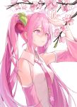  1girl arm_up armpits bare_shoulders branch breasts cherry_blossoms collared_shirt detached_sleeves duplicate flower fuwawa_(fuwawa617) hair_ornament hatsune_miku highres long_hair long_sleeves looking_up necktie parted_lips pink_eyes pink_flower pink_hair pink_theme pixel-perfect_duplicate sakura_miku shirt small_breasts solo twintails upper_body very_long_hair vocaloid white_shirt wide_sleeves 
