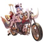  1girl absurdres animal_ears animal_hat black_footwear blue_hair breasts cleavage cow cow_ears cow_girl cow_hat crop_top detached_sleeves draph duplicate earrings full_body fuwawa_(fuwawa617) gold_trim granblue_fantasy ground_vehicle hat highleg highres jewelry knee_up large_breasts long_hair long_sleeves looking_at_viewer midriff motor_vehicle motorcycle navel orange_eyes parted_lips pixel-perfect_duplicate platform_footwear revealing_clothes see-through shatola_(granblue_fantasy) shirt short_shorts shorts sidelocks simple_background sleeveless sleeveless_shirt solo stomach thighhighs thighs white_background white_legwear white_shirt white_shorts wide_sleeves zouri 