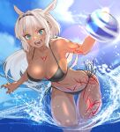  1girl animal_ears armpits ball bangs bare_shoulders beachball bikini black_bikini blue_eyes blue_sky body_markings breasts caenis_(fate) cleavage collarbone commentary dark-skinned_female dark_skin fate/grand_order fate_(series) hairband halterneck highres large_breasts long_hair looking_at_viewer navel ocean open_mouth ryu0120 side-tie_bikini sky solo string_bikini swimsuit thighs wading white_hair 