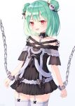  1girl aid! artist_name bangs black_bow black_choker black_dress blush bow chain choker commentary cowboy_shot cuffs double_bun dress eyebrows_visible_through_hair fang garter_straps green_hair hair_bow hair_ornament hair_ribbon highres hololive looking_at_viewer medium_hair off-shoulder_dress off_shoulder open_mouth red_eyes restrained ribbon short_eyebrows short_sleeves simple_background skull_hair_ornament smile solo standing thighhighs uruha_rushia virtual_youtuber white_background white_legwear 