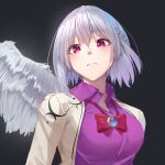 1girl angel_wings bangs beige_jacket blush bow bowtie braid breasts brooch closed_mouth dark_background doitsuudon dress expressionless eyebrows_visible_through_hair feathered_wings french_braid grey_background hair_between_eyes jewelry kishin_sagume large_breasts looking_at_viewer purple_dress purple_eyes red_bow red_neckwear silver_hair simple_background single_wing solo touhou upper_body wing_collar wings 