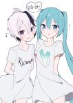  ! 2girls ahoge aqua_eyes aqua_hair arms_behind_back artist_logo black_hair character_name clothes_writing collarbone commentary cowboy_shot eighth_note flower_(vocaloid) giryu hatsune_miku heart highres light_blush long_hair looking_at_viewer multicolored_hair multiple_girls musical_note open_mouth purple_eyes shirt short_hair short_sleeves smile spring_onion_print streaked_hair translated twintails two-tone_hair v_flower_(vocaloid4) very_long_hair vocaloid white_background white_hair white_shirt 