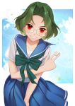  1girl bangs blue_skirt blush bow collarbone eyebrows_visible_through_hair glasses green_bow green_hair grin highres looking_at_viewer parted_bangs parted_lips pleated_skirt red_eyes rotix saki school_uniform short_hair short_sleeves skirt smile solo someya_mako teeth 