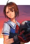  1girl brown_eyes brown_hair gloves helmet holding holding_helmet hungry_clicker justice_gakuen kazama_akira looking_to_the_side neck_ribbon parted_lips ribbon sailor_collar school_uniform seijyun_jogakuen_uniform serafuku short_hair short_sleeves smile solo street_fighter street_fighter_v sunset toned upper_body 