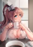  1girl blue_eyes breasts breasts_on_table brown_hair cleavage coffee collared_shirt cup hair_between_eyes hair_ornament highres holding holding_cup k_jie kantai_collection large_breasts looking_at_viewer on_table open_clothes open_shirt ponytail pov saratoga_(kancolle) shirt side_ponytail sidelocks smile smokestack smokestack_hair_ornament steam table unbuttoned unbuttoned_shirt white_shirt 