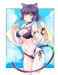  1girl animal_ears bangs beach_towel bikini black_hair blake_belladonna border breasts cat_ears cat_girl cat_tail choker cowboy_shot highres holding holding_towel iesupa medium_breasts navel parted_lips rwby scar scar_on_stomach short_hair solo swimsuit tail thigh_gap towel white_border yellow_eyes 