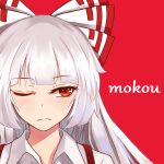  1girl bangs bow character_name closed_mouth collar eyebrows_visible_through_hair fujiwara_no_mokou highres long_hair looking_to_the_side multicolored_bow one_eye_closed red_background red_bow red_eyes shirt short_sleeves simple_background solo touhou upper_body white_bow white_hair white_shirt yongzhe_mei_hong 