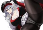  1girl azur_lane bangs breasts cleavage cleavage_cutout cloak clothing_cutout crotch_seam eyebrows_visible_through_hair fur_collar fur_trim graf_zeppelin_(azur_lane) hair_ornament hat highres large_breasts long_hair looking_at_viewer makiri_akira military_hat panties panties_under_pantyhose pantyhose parted_lips red_eyes silver_hair simple_background skirt solo underwear white_background 