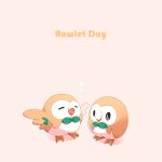  bird bubble character_name closed_eyes closed_mouth commentary_request gen_7_pokemon highres kura_(shironagasu02) looking_at_another no_humans open_mouth owl pokemon pokemon_(creature) rowlet standing tongue 