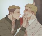  2boys absurdres blonde_hair blush brown_hair chengzhineixihuanxiaogou finger_in_another&#039;s_mouth from_side highres male_focus multiple_boys porco_galliard reiner_braun shingeki_no_kyojin short_hair sideburns undercut upper_body yaoi 