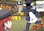  1girl 1other alph_(sancheck) arknights black_jacket braid cabbie_hat closed_mouth crying doctor_(arknights) english_text gameplay_mechanics hat helmet highres horns horns_through_headwear jacket motion_lines notice_lines pointy_ears red_eyes red_hair running speech_bubble vigna_(arknights) 