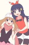  2girls :d bangs beanie bike_shorts bike_shorts_under_shorts black_hair blush bow_hairband commentary_request cosplay costume_switch dawn_(pokemon) dawn_(pokemon)_(cosplay) eyebrows_visible_through_hair grey_eyes hair_between_eyes hair_ornament hairband hairclip hand_up hat highres holding_hands long_hair looking_at_viewer may_(pokemon) may_(pokemon)_(cosplay) multiple_girls nasakixoc open_mouth pink_scarf pink_skirt pokemon pokemon_(game) pokemon_dppt pokemon_oras red_hairband red_shirt scarf shirt shorts skirt sleeveless sleeveless_shirt smile tongue white_headwear white_shorts 