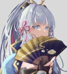  1girl absurdres bangs blue_eyes blue_hair breasts cleavage collar_up covered_mouth eyebrows_visible_through_hair genshin_impact grey_background hand_fan highres holding holding_fan kamisato_ayaka long_hair looking_at_viewer ponytail portrait solo suzu_(user_kdex8732) 