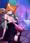  1girl animal_ears bottle breasts cat_ears choker couch dress fangs feathers halloween highres hololive hololive_english large_breasts looking_at_viewer multicolored_hair night orange_hair purple_eyes smile solo takanashi_kiara thighhighs unstableboiler vampire virtual_youtuber window 