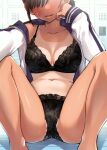  1girl bangs black_bra black_hair black_panties blush bra breasts chromatic_aberration cleavage collarbone dark-skinned_female dark_skin dojirou facing_viewer feet_out_of_frame floral_print hand_on_own_cheek hand_on_own_face hands_up head_out_of_frame heavy_breathing highres jacket knees_up large_breasts locker locker_room long_sleeves navel off_shoulder on_floor one-piece_tan open_clothes open_jacket original outstretched_arm panties parted_lips print_bra print_panties purple_jacket selfie short_hair single_bare_shoulder sitting sleeves_past_wrists smile solo spread_legs stomach sweat tan tanlines track_jacket two-sided_fabric two-sided_jacket underwear unzipped white_jacket zipper 