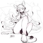  1girl ahri animal_ears bare_shoulders blush breasts dated dress ejami fox_tail greyscale league_of_legends long_hair looking_at_viewer monochrome multiple_tails nail_polish signature simple_background smile solo spot_color tail white_background 