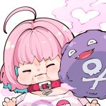  1girl ahoge belt_collar blue_hair chibi collar colored_inner_hair crossover detective_pikachu_(character) gen_1_pokemon heart idolmaster idolmaster_cinderella_girls koffing multicolored_hair pikachu pink_hair pink_shirt pokemon pokemon_(creature) shirt takato_kurosuke wrinkled_frown_(detective_pikachu) 