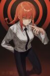  1girl bangs braid braided_ponytail business_suit chainsaw_man film_grain finger_to_mouth formal highres light_smile makima_(chainsaw_man) necktie office_lady red_hair ringed_eyes shirt smile solo suit toho10min white_shirt yellow_eyes 