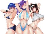  3girls abs armpits arms_up ass bangs bikini blue_eyes blue_hair blue_nails breasts brown_hair cleavage closed_mouth collarbone commentary covered_nipples earrings fingernails gradient gradient_hair hair_ornament hairband highleg highleg_swimsuit jewelry large_breasts long_hair looking_at_viewer multicolored_hair multiple_girls muscular muscular_female nail_polish navel o-ring o-ring_swimsuit one_eye_closed open_mouth original purple_eyes purple_hair shiny shiny_clothes shiny_hair shiny_skin short_hair simple_background smile stomach summer swimsuit tamiya_akito thighs toned tongue tongue_out white_background wristband yellow_eyes 