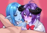  1boy 2girls :d ahoge arunira blue_hair blue_sclera blue_skin blush bow bowtie bright_pupils brll censored clothed_female_nude_male collared_shirt colored_sclera colored_skin cum demon_girl fellatio ffm_threesome fingernails group_sex hetero highres horns long_hair looking_at_penis monster_girl mosaic_censoring multiple_girls nude open_mouth oral original penis pink_background pink_pupils pointy_ears purple_hair purple_skin red_bow red_eyes red_neckwear shirt slime_girl small_penis smile threesome white_pupils white_shirt wing_collar 