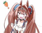  ! 1girl animal_ears bangs black_choker blush breasts brown_hair carrot choker cleavage common_race_outfit_(umamusume) daiwa_scarlet_(umamusume) fang hair_intakes horse_ears large_breasts long_hair mokeo open_mouth pink_eyes simple_background solo sweat tiara twintails umamusume upper_body very_long_hair white_background 