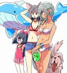  3girls animal_ears arms_up bangs bikini black_hair blue_eyes bow breasts closed_mouth cup denim denim_shorts dog ear_piercing glasses grey_hair hair_bow holding holding_cup inflatable_toy inflatable_whale jewelry long_hair medium_breasts mokeo multiple_girls necklace one-piece_swimsuit open_mouth original piercing pink_sweater ponytail red_bikini red_eyes shorts simple_background small_breasts smile sweater swimsuit tan tanlines tongue white_background white_bikini 