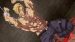  1boy abs arm_tattoo armpit_hair armpits arms_up bangs bara barefoot belt beowulf_(fate) blonde_hair bound bound_arms bulge dark-skinned_male dark_skin eyebrows_visible_through_hair facial_hair fate/grand_order fate_(series) foot_out_of_frame goatee grey_pants highres kneeling konohanaya large_pectorals looking_at_viewer magic male_focus mature_male muscular muscular_male navel nipples pants pectorals red_eyes reward_available scar scar_on_chest shirtless short_hair sideburns solo stomach tattoo veins 