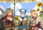  3girls ahoge alcohol arm_support azur_lane bangs bare_shoulders black_gloves blonde_hair blue_hair blue_sky blurry bottle cake_stand chair cloud cloudy_sky collar commentary_request cup day depth_of_field detached_sleeves drinking_glass eyebrows_visible_through_hair eyes_visible_through_hair flower food gascogne_(azur_lane) gloves hair_between_eyes hair_ribbon head_rest head_tilt headgear highres holding holding_bottle horizon jean_bart_(azur_lane) long_hair long_sleeves looking_at_viewer manjirou_(manji_illust) multiple_girls ocean parted_lips ponytail purple_eyes red_eyes ribbon richelieu_(azur_lane) short_hair sidelocks silver_hair sitting sky smile strawberry_shortcake sunflower table tiara wine wine_bottle wine_glass yellow_eyes 